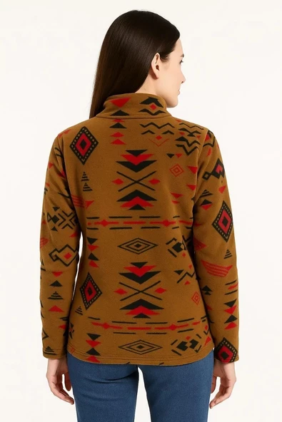 Kadın Yarım Fermuarlı Desenli Polar Sweat Tribal Etnik Desen Yakalı, Uzun Kollu, Oversize Rahat Kalıp - Kahverengi - 3