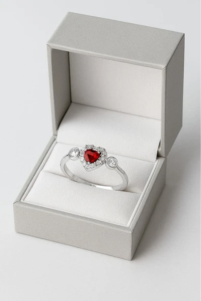 Minera Serisi Kırmızı Lal Zirkon Taşlı Kalp Gümüş Kadın Yüzük - 2