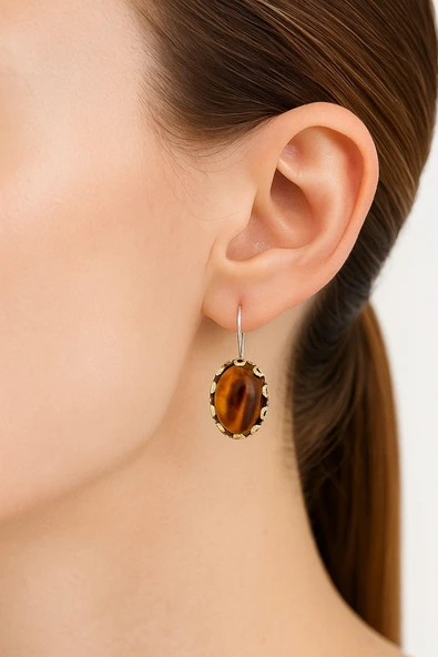 Lale Serisi El İşi Kahverengi Kaplangözü Taşlı Gümüş Kadın Küpe - 2