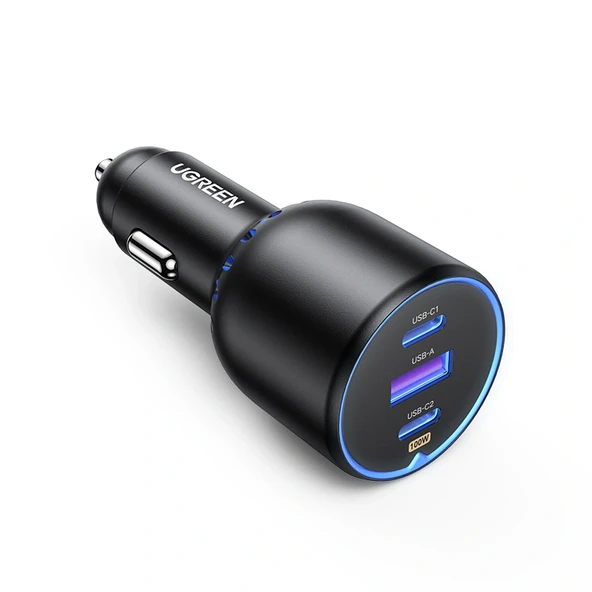 UGREEN 130W QC PD Hızlı Araç İçi Şarj Cihazı Çakmaklık Adaptörü 2xUSB-C, 1xUSB-A, Siyah, 90413