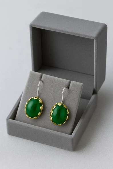 Lale Serisi El İşi Yeşil Akik Taşlı Gümüş Kadın Küpe - 3