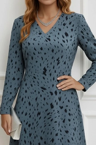 MDB Kadın Uzun Kollu V Yakalı Desenli Kısa Keten Elbise - Resim 2