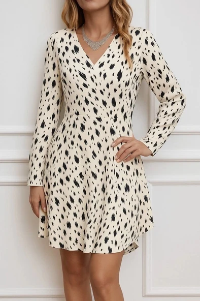 MDB Kadın Uzun Kollu V Yakalı Desenli Kısa Keten Elbise - Resim 3