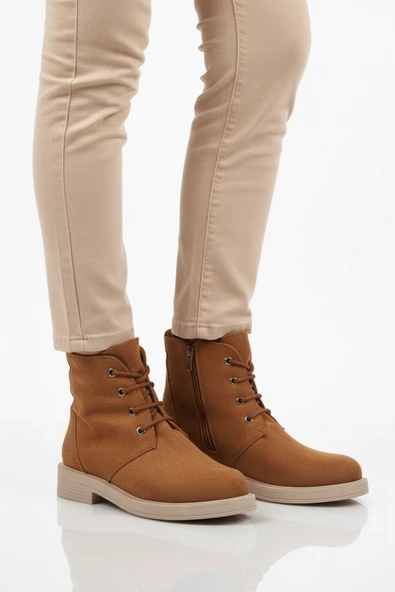 Ayakmod Taba Süet Bağcıklı Fermuarlı Kaymaz Kadın Bot 284098 Z