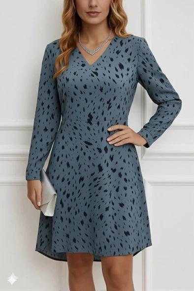 MDB Kadın Uzun Kollu V Yakalı Desenli Kısa Keten Elbise - Resim 3