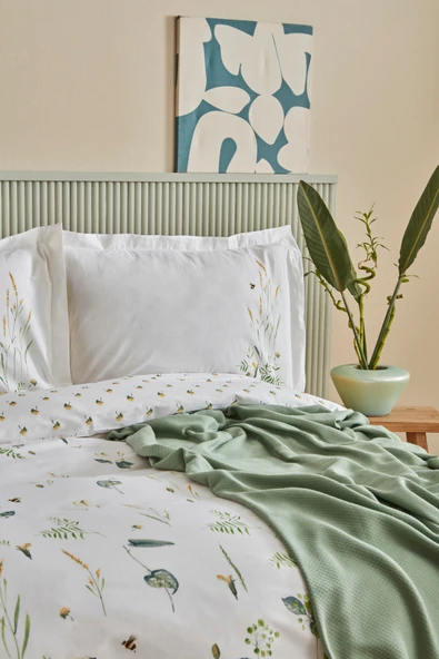 Herbal %100 Pamuk Çift Kişilik Nevresim Pike Set Beyaz - Resim 5