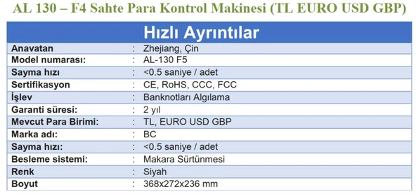 Bill Counter AL-130 F4 SahtePara Kontrol Makinesi  TL, USD, EURO, GBP - 3
