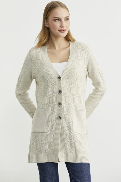 Cepli Uzun Yünlü Triko Hırka - Taş - Resim 5