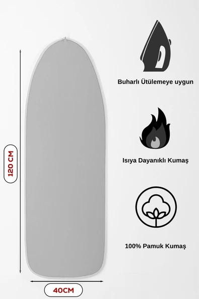 Porsima Isıya Dayanıklı 100% Pamuk Süngerli Ütü Masası Kılıfı - Buharlı Ütüleme Uyumlu 120x40cm - Resim 4
