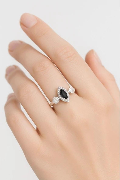 Minera Serisi 925 Ayar Gümüş Siyah Oniks Zirkon Taşlı Mekik Yüzük - 2