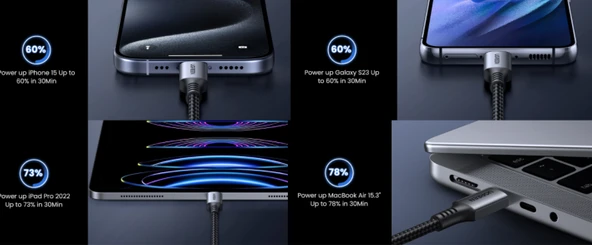 UGREEN USB-C 60W 3A QC PD Örgülü Hızlı Şarj Kablosu, 1 Metre, Siyah, 15373 - Resim 3