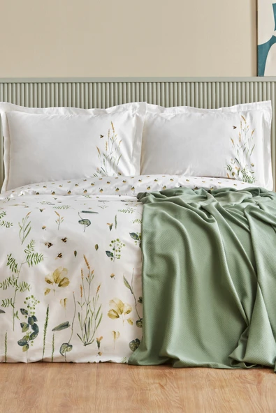 Herbal %100 Pamuk Çift Kişilik Nevresim Pike Set Beyaz - Resim 7