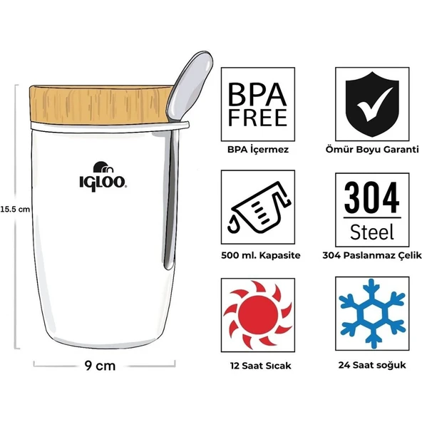 Igloo Bamboo Yemek Termosu 500ml-BEYAZ - Resim 4