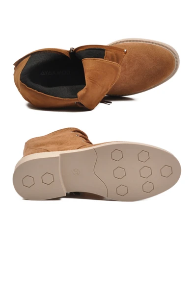 Ayakmod Taba Süet Bağcıklı Fermuarlı Kaymaz Kadın Bot 284098 Z - 5