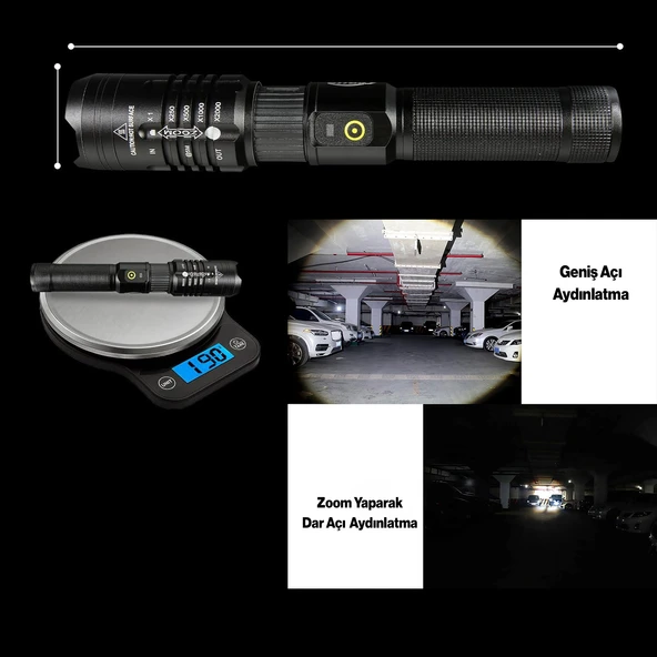 El Feneri P50  Şarjlı Pilli Led Işıldak Kamp Lambası Gece 800 metre Uzun Menzil Aydınlatma Beyaz Işık - Resim 3