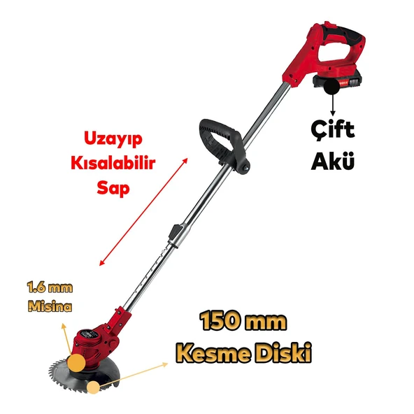 Yan Tırpan Elektrikli Şarjlı Çim Ot Biçme Kesme Rodex RDX9022 Li-on Çift Batarya Akülü 150 mm Disk - Resim 3