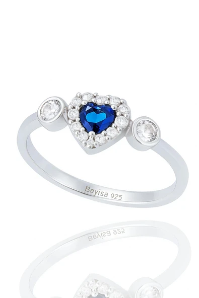Minera Serisi Mavi Safir Zirkon Taşlı Kalp Gümüş Kadın Yüzük