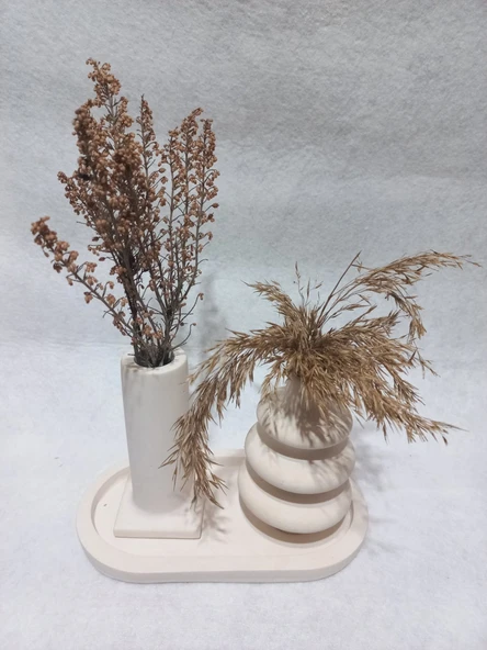 Dekoratif  3 Parça Tabaklı Vazo Set Beyaz Dekor - Resim 4