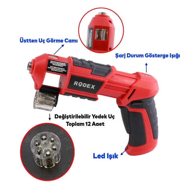 Akülü Otomatik Değiştirilebilir Uçlu Vidalama Şarjlı Tornavida Yıldız Düz Uç Hediyeli - Resim 3