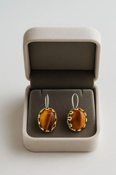 Lale Serisi El İşi Kahverengi Kaplangözü Taşlı Gümüş Kadın Küpe - 5