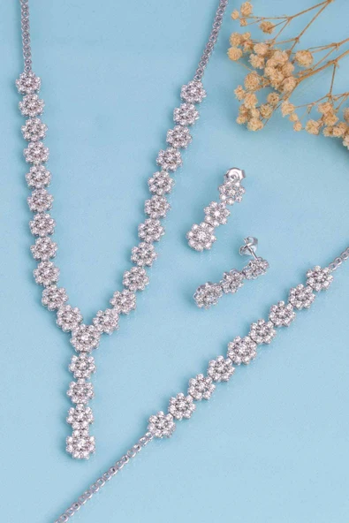 Gümüş Pazarım Papatya Montürlü Rodyum Kaplama 925 Ayar Gümüş Düğün Seti - 4