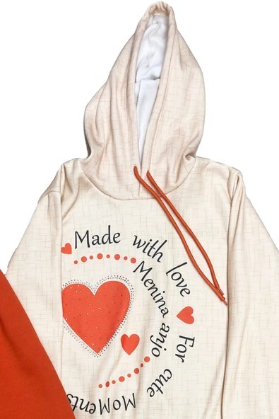 Kız Çocuk Taş Süslemeli Kapüşonlu Ribana Detaylı 3 İplik Alt-Üst Takım 12338 - Resim 11