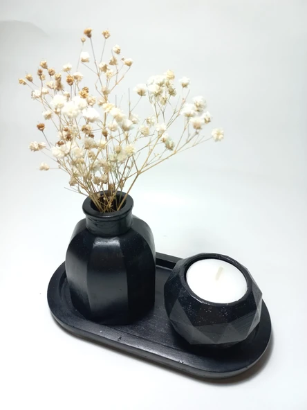 Geometrik Mumluk ve Vazo Dekoratif Tabaklı Set Siyah Dekor - Resim 4