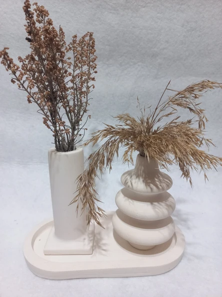 Dekoratif  3 Parça Tabaklı Vazo Set Beyaz Dekor ürün görseli 1