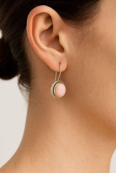 Sarma Serisi Pembe Kuvars Taşlı El İşi Kadın Otantik Gümüş Küpe - Resim 2