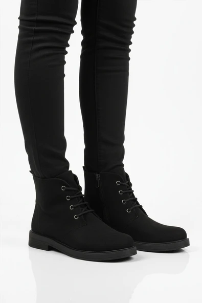 Ayakmod Siyah Süet Bağcıklı Fermuarlı Kaymaz Kadın Bot 284098 Z