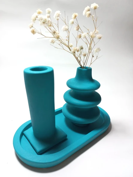 Dekoratif  3 Parça Tabaklı Vazo Set Random Dekor - Resim 2