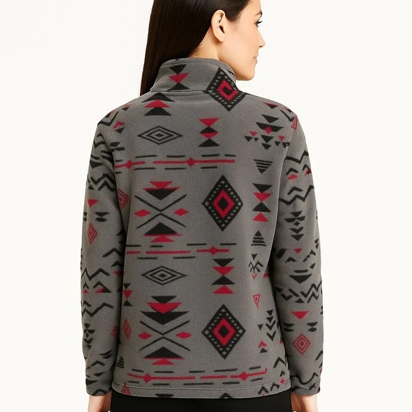 Kadın Yarım Fermuarlı Desenli Polar Sweat Tribal Etnik Desen Yakalı, Uzun Kollu, Oversize Rahat Kalıp - Füme - 3