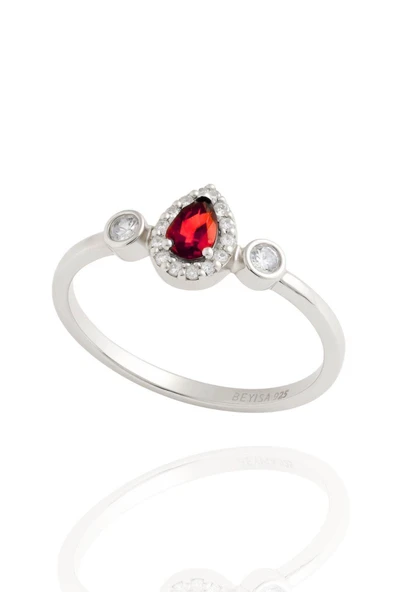 Minera Serisi 925 Ayar Gümüş Kırmızı Lal Zirkon Taşlı Damla Yüzük