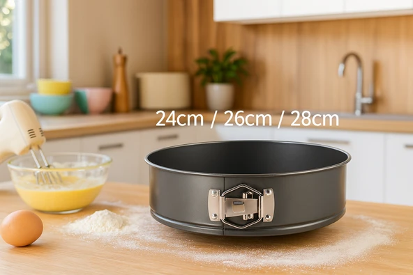 3’lü Metal Kelepçeli Kek Kalıbı Seti 24-26-28 cm Yapışmaz Çıkartılabilir Tabanlı - Resim 3