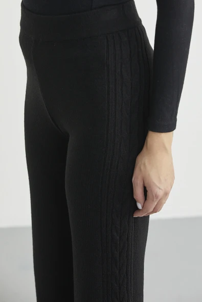 Yanı Motifli Rahat Kalıp Triko Pantolon - Siyah - Resim 4