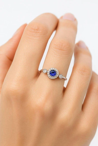 Minera Serisi 925 Ayar Gümüş Mavi Safir Zirkon Taşlı Yuvarlak Yüzük - 2