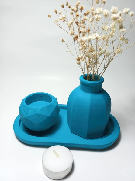 Geometrik Mumluk ve Vazo Dekoratif Tabaklı Set Random Dekor - Resim 4