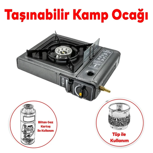 Taşınabilir Portatif Kamp Ocağı Tekli Tek Gözlü Kartuşlu Piknik Tüp Bağlantılı Gezi Ocak Gri Renk