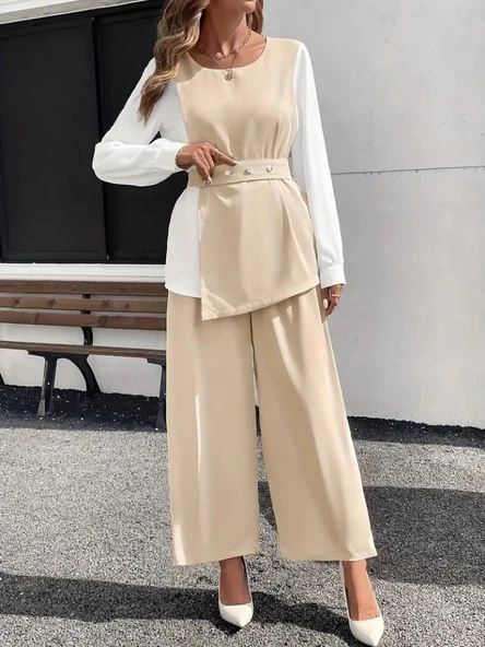 MDB Kadın Uzun Kollu Açık Yakalı çift Renkli Kemerli Ithal Krep Ikili Takım ürün görseli