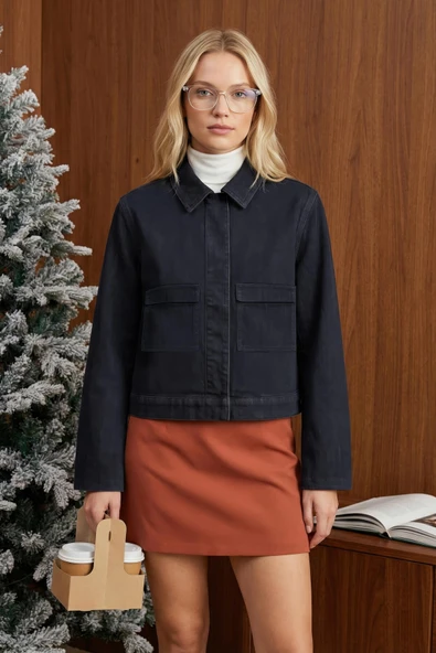 Kadın Cepli Oversize Lacivert Denim Ceket Gömlek ürün görseli 1