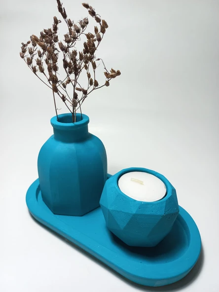 Geometrik Mumluk ve Vazo Dekoratif Tabaklı Set Random Dekor - Resim 2