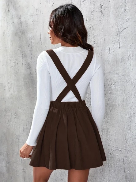 MDB Kadın Askılı Sırttan çapraz Detaylı Kısa Kiloş Kadife Mini Elbise - Resim 3