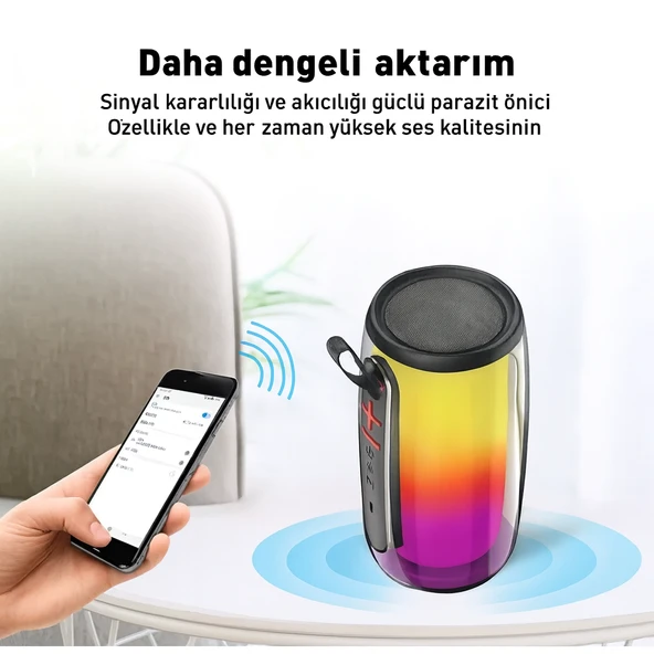 RGB Işıklı Kablosuz Bluetooth Hoparlör 10W Güç, Hafıza Kartı ve AUX Girişli, Taşınabilir Parti Hoparlörü - 2