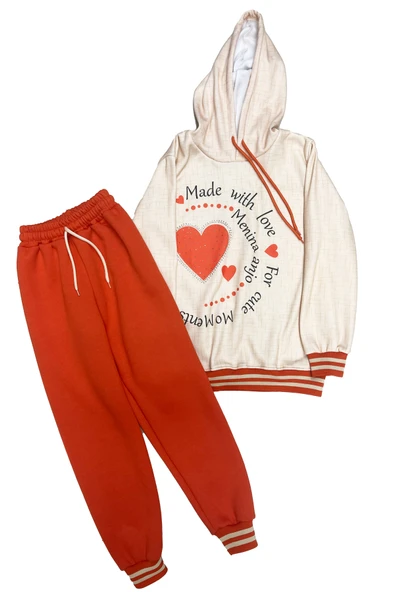 Kız Çocuk Taş Süslemeli Kapüşonlu Ribana Detaylı 3 İplik Alt-Üst Takım 12338 - Resim 3