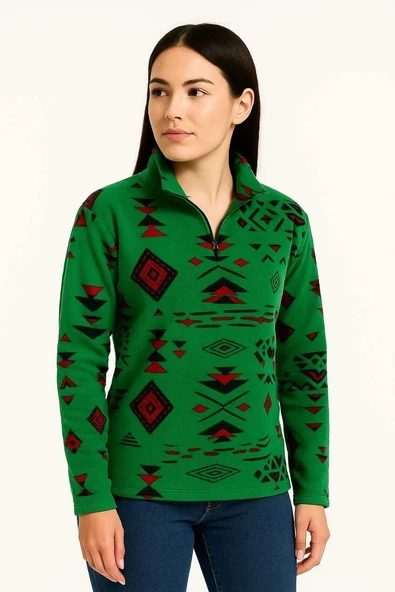 Kadın Yarım Fermuarlı Desenli Polar Sweat Tribal Etnik Desen Yakalı, Uzun Kollu, Oversize Rahat Kalıp - Yeşil - 3