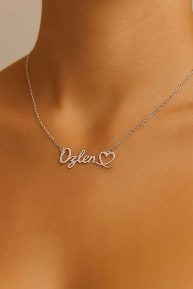 Kişiye Özel Yatay Kalpli İsimli Gümüş Kolye 925 Ayar Gümüş - 3