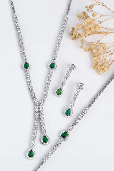 Gümüş Pazarım Zümrüt Taşlı Damla Motifli Rodyum Kaplama Gümüş Düğün Seti - 4