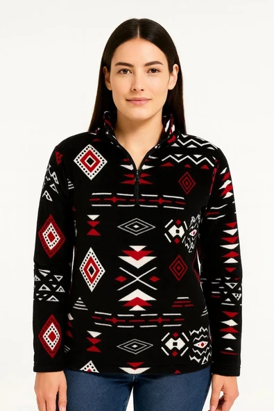 Kadın Yarım Fermuarlı Desenli Polar Sweat Tribal Etnik Desen Yakalı, Uzun Kollu, Oversize Rahat Kalıp - Siyah - 2