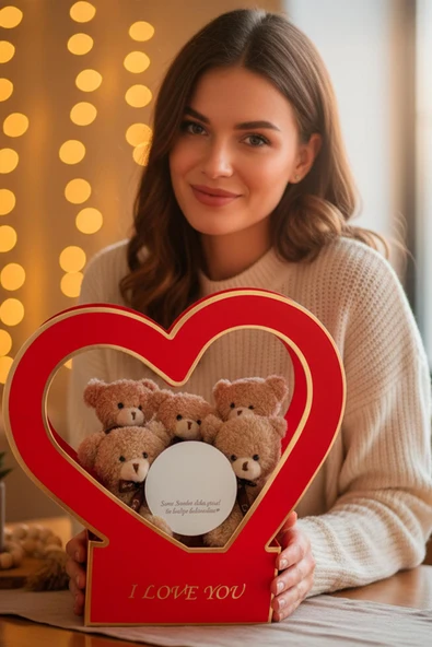 Özel Kalpli Kutuda Romantik Mesajlı Aynası ile Boz 5'li Peluş Ayıcık Buleti ürün görseli