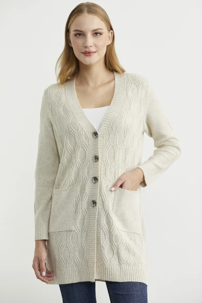 Cepli Uzun Yünlü Triko Hırka - Taş ürün görseli